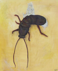 An oil painting of a squashed dead cockroach on a yellow wall.